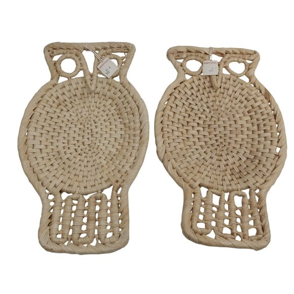 Set Of 2 Handwoven Straw Owl Baskets Wall Hanging Trivets Rustic Bohio Chic - Picture 1 of 7